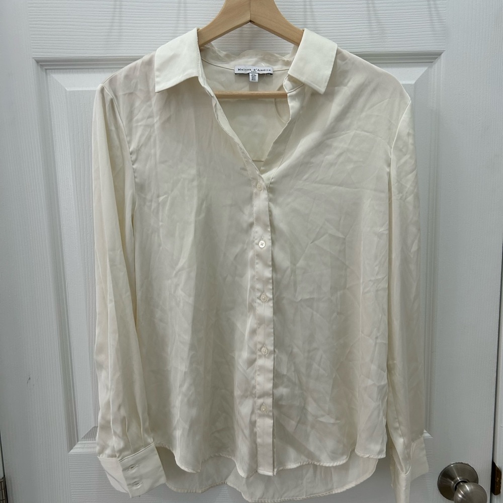 Madewell Cream Button-Up Satin Blouse